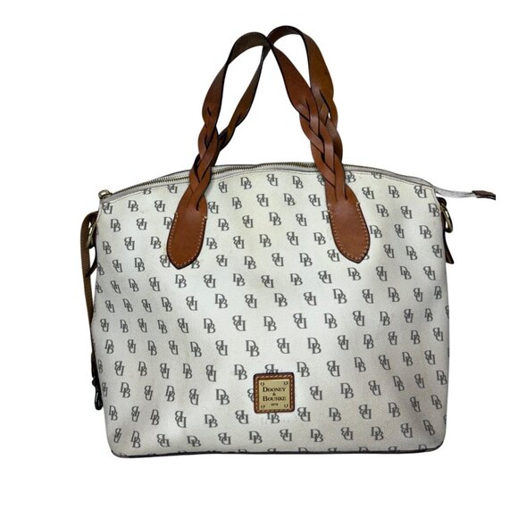 Vintage Dooney & Bourke Monogram Canvas Satchel Bag With Braided Leather Handles - Picture 1 of 11